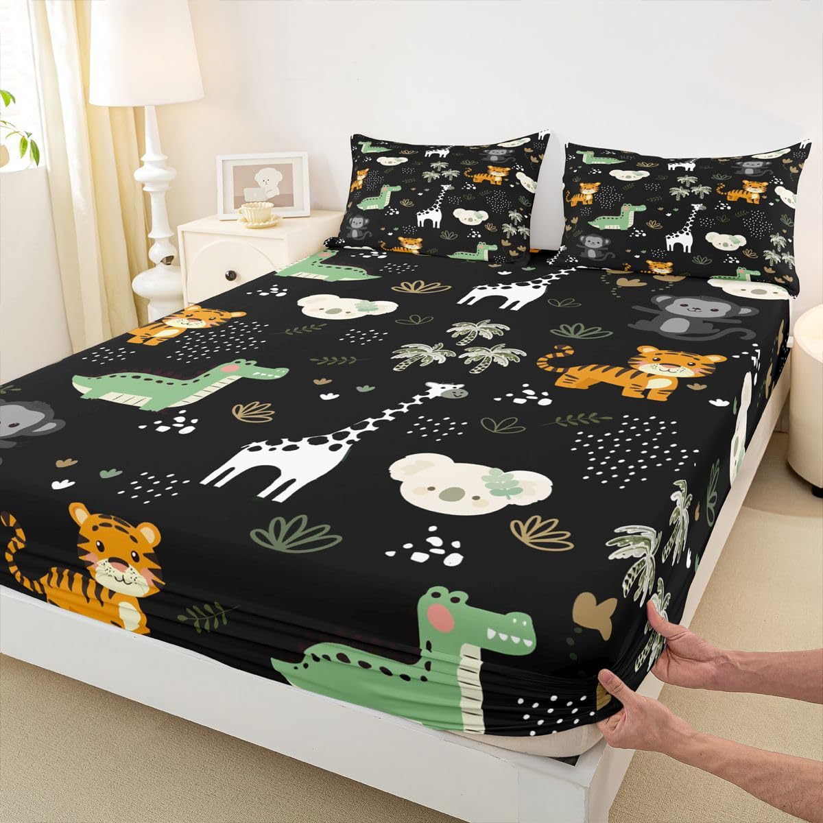 Erosebridal Jungle Animals Sheet Set Full Cartoon Kawaii Bed Sheets for Kids Boys Girls Monkey Giraffe Crocodile Tigers Flat Fitted Sheet Hunting Wildlife Sheets 3 Pcs
