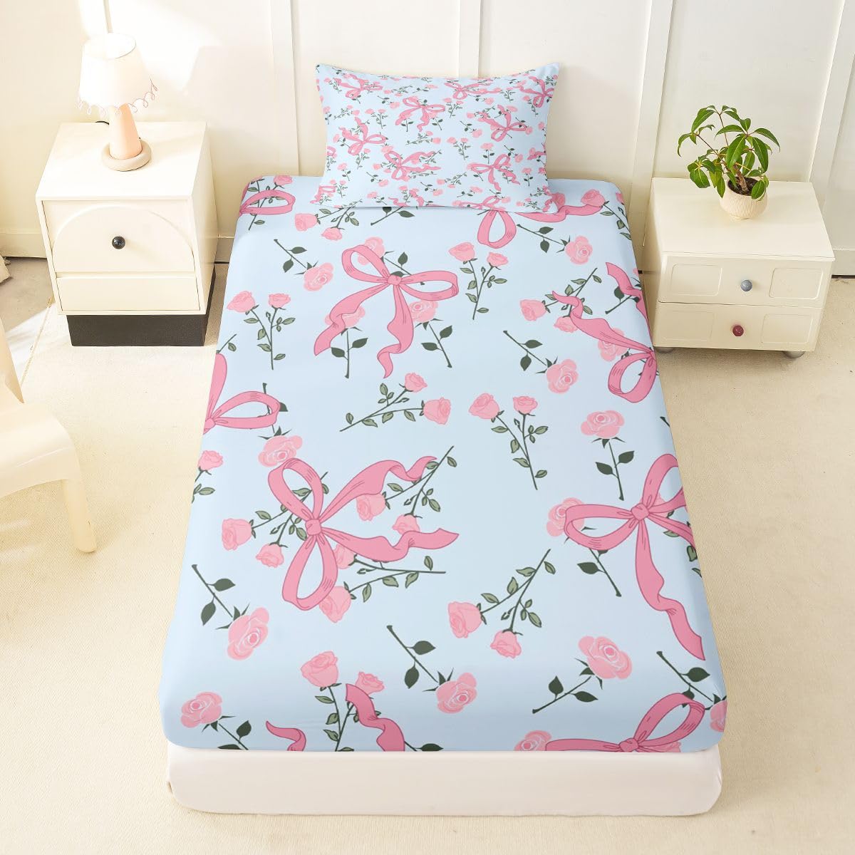 jejeloiu Blue Floral Bowknot Fitted Sheet Twin Size for Kids Boys Girls Romantic Princess Style Bowknot Bed Sheets Set 16" Deep Pocket Cute Coquette Bow Bedding with 1 Pillowcase Room Decor