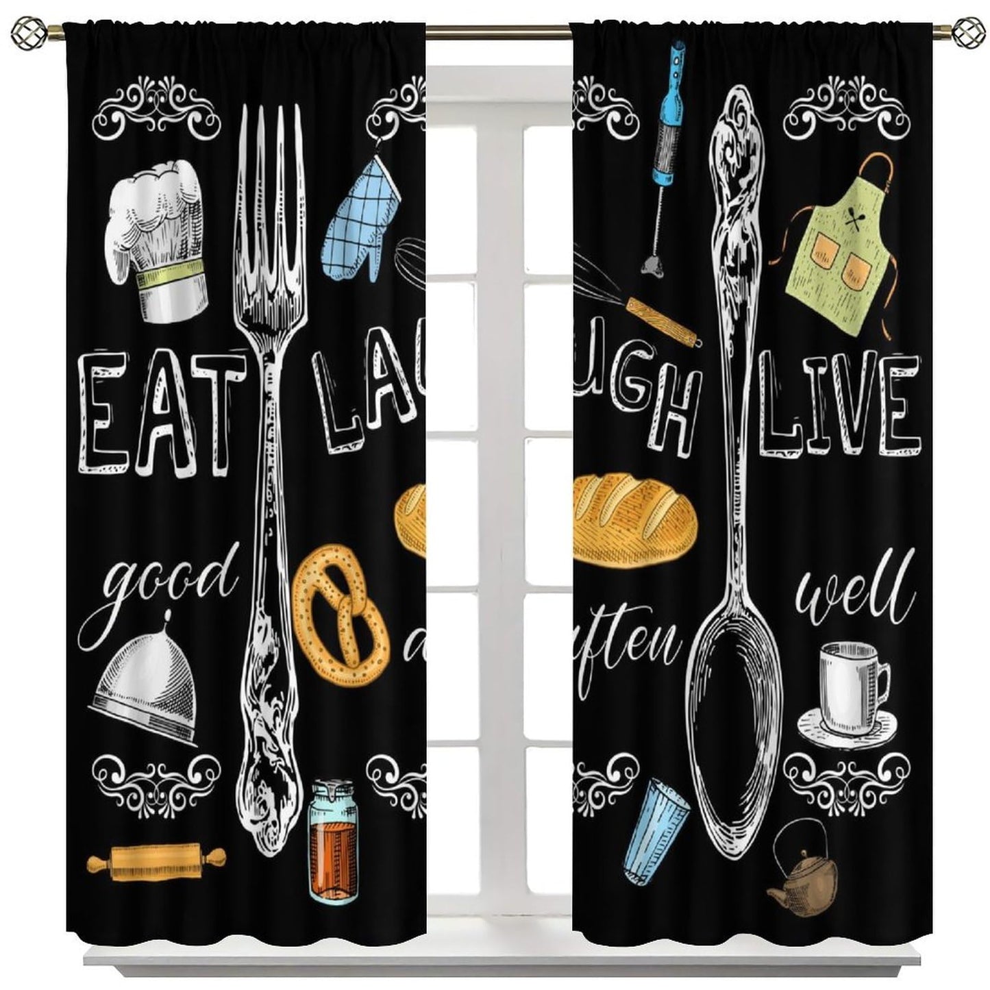 Djaby Farmhouse Retro Kitchen Curtains, Vintage Fork Spoon Cook Theme Cafe Window Treatment Drapes for Bedroom Living Room Dining Room 42" W X 45" L(No Blackout)