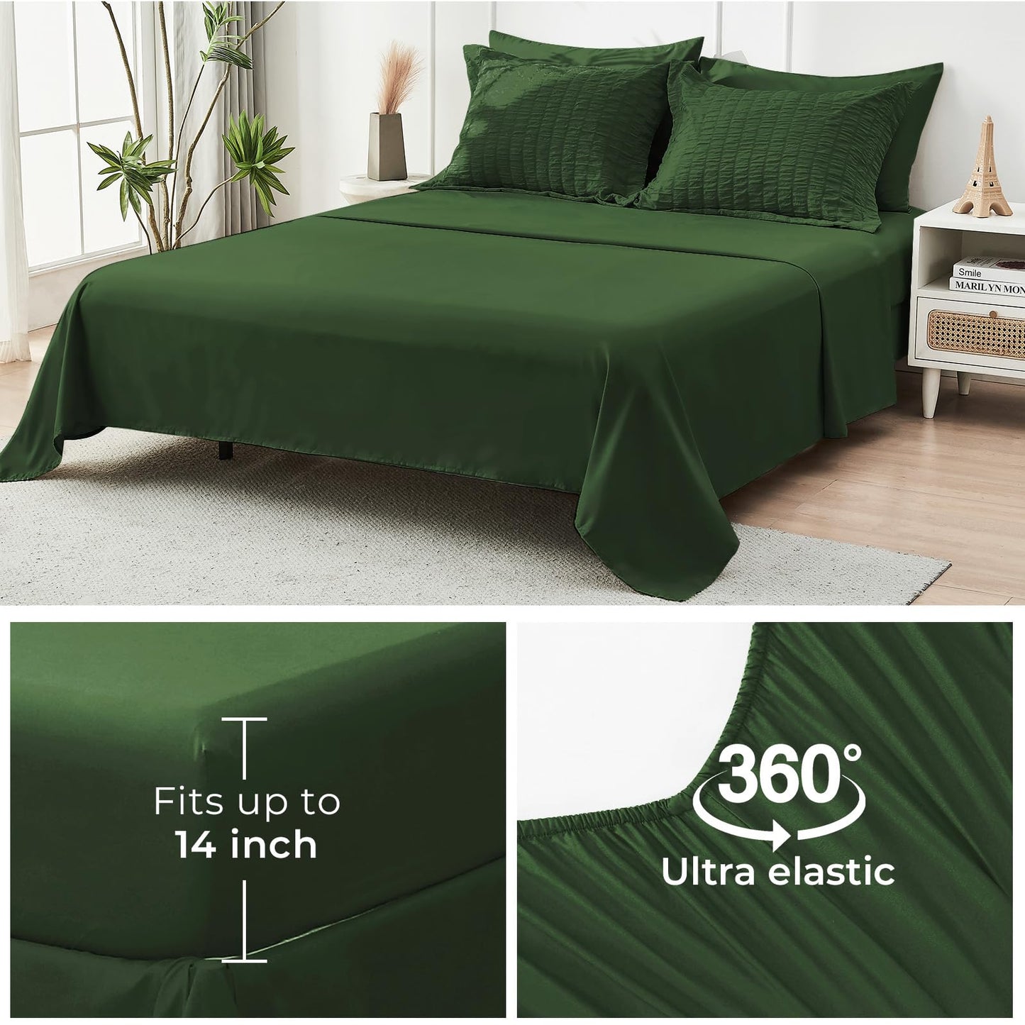 HYMOKEGE Dark Green Twin Comforter Set Seersucker 5 Pieces, All Season Luxury Bed in a Bag Queen for Bedroom, Bedding Set with Comforter, Sheets, Pillowcase & Sham