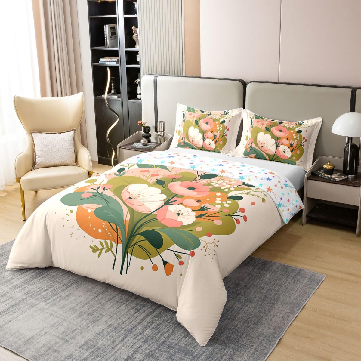 Erosebridal Pink Floral 100% Cotton Duvet Cover Full Flower Blossoms Bedding Set for Kids Girls Boys Adults Spring Leaf Floral Comforter Cover Beige Pink Bedclothes 3 Pcs