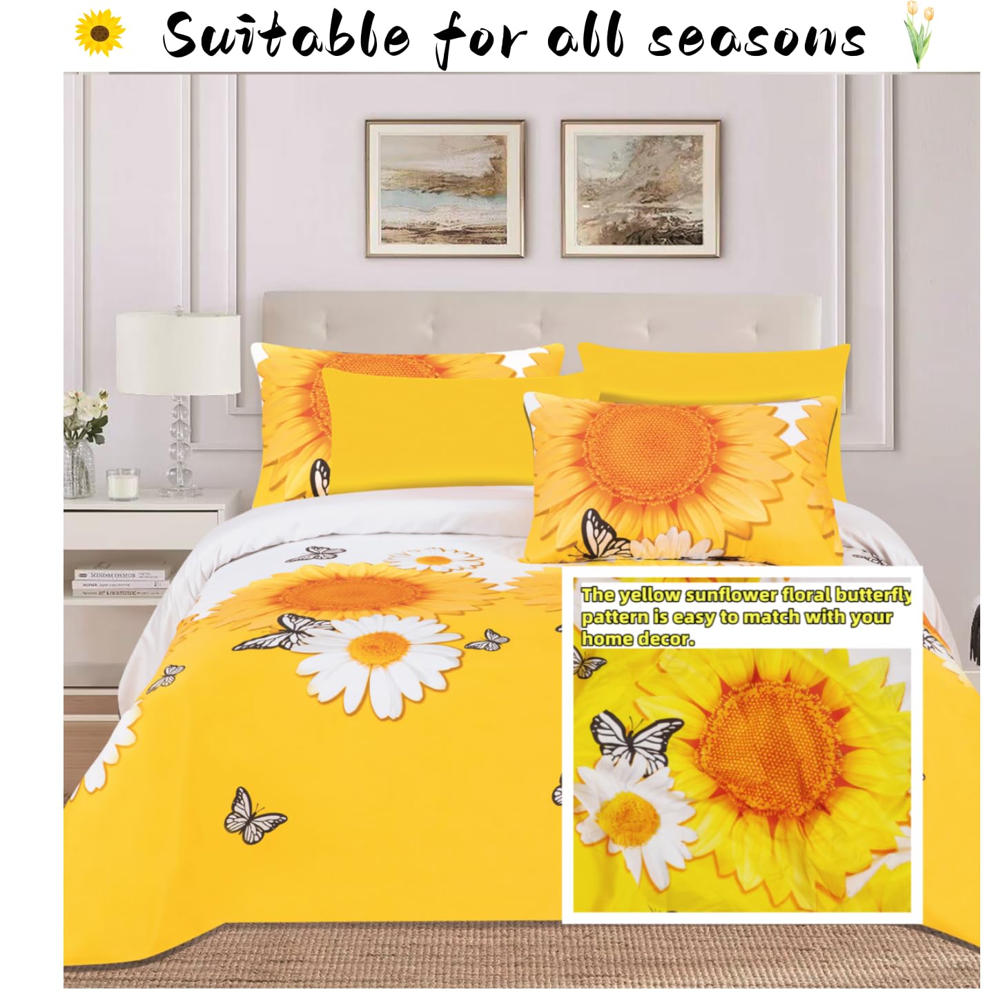 6Pcs Bed Sheet Set King Size, Sunflower Floral Printed Soft Microfiber Bedding Sets with 1 Butterfly Patterned Sheet 1 Deep Pocket Fitted Sheet and 4 Pillowcases, Yellow