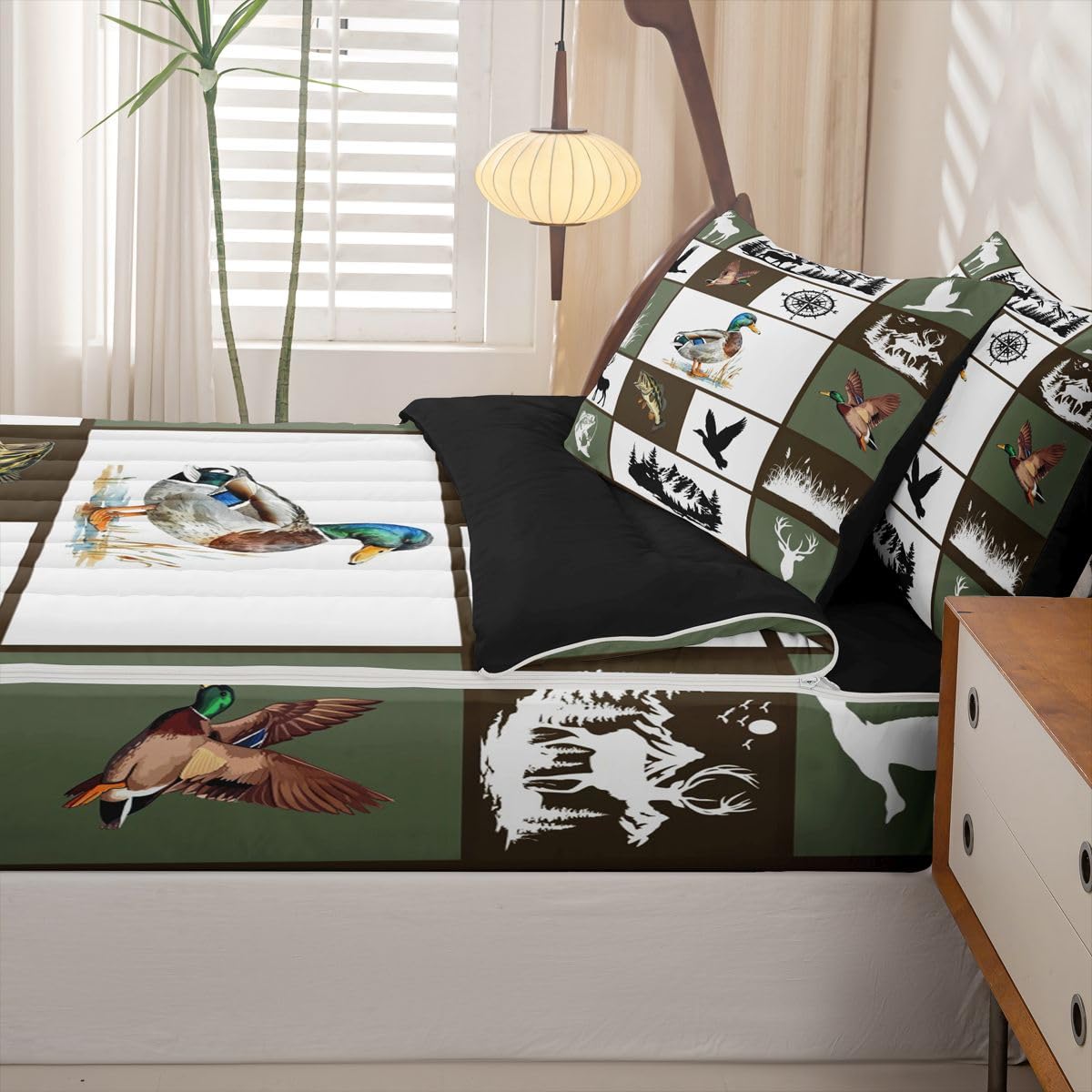 jejeloiu Deer Fish Duck Bear Comforter Set Twin Animal Hunting Zipper Bedding Set for Kids Boys Girls Wildlife Bed in a Bag Western Farmhouse Microfiber with 2 Pillow Cases