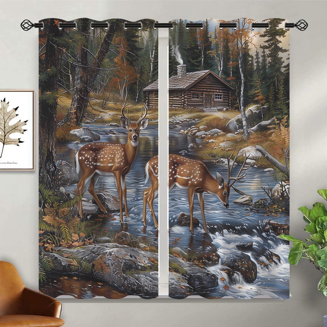 XINBADU Rustic Cabin Deer Blackout Curtains for Girls Boy Home Decor, Country Farm Forest Wildlife Grommet Thermal Insulated Drapes Darkening Window Curtain for Bedroom Living Room, 42 x 45 Inch