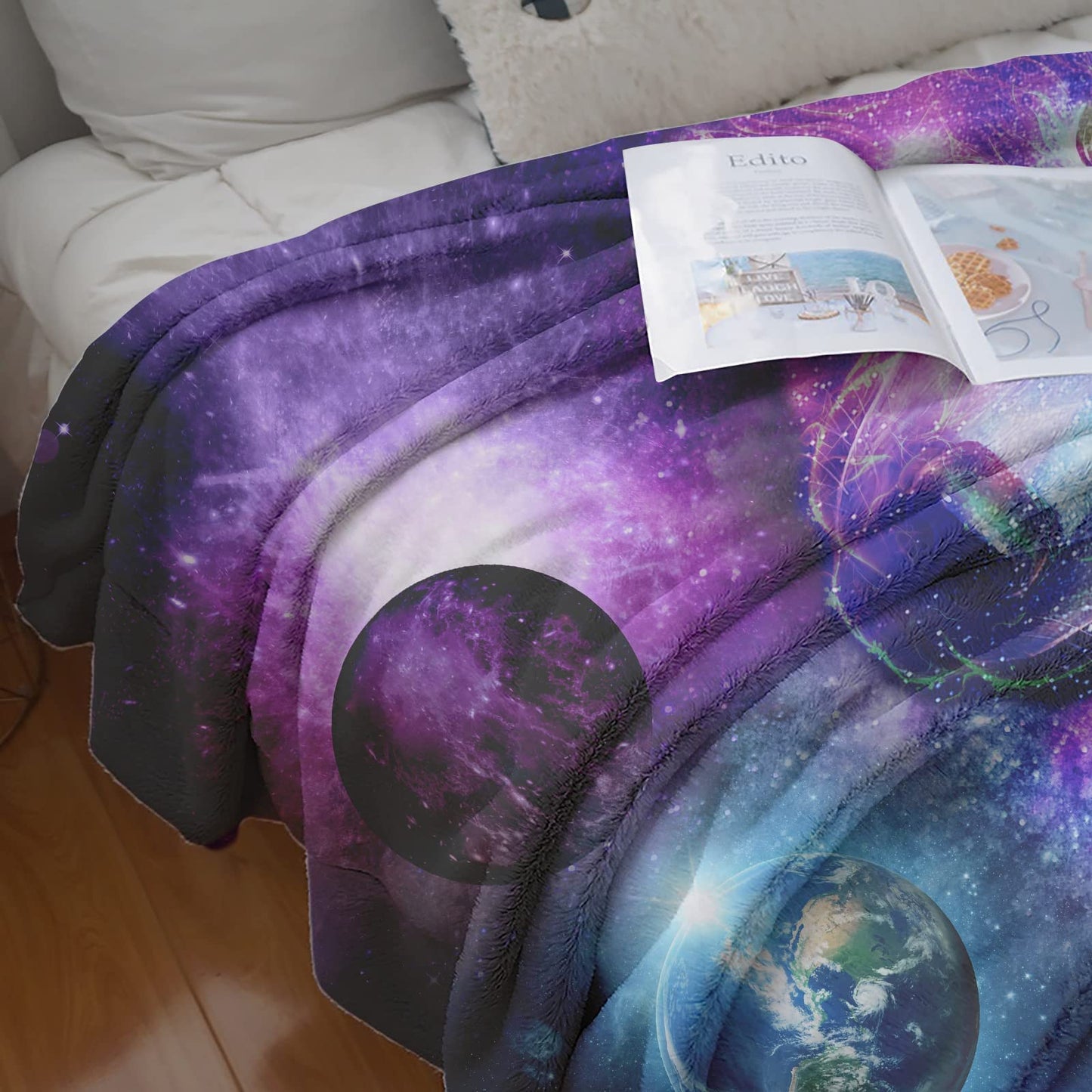 Fleece Throw Blanket 50"x60", Soft Cozy Warm Fuzzy Flannel Plush Blanket Colorful Galaxy Wolf Purple Planet Blue Earth Blanket for Couch, Sofa, Bed, Living Room