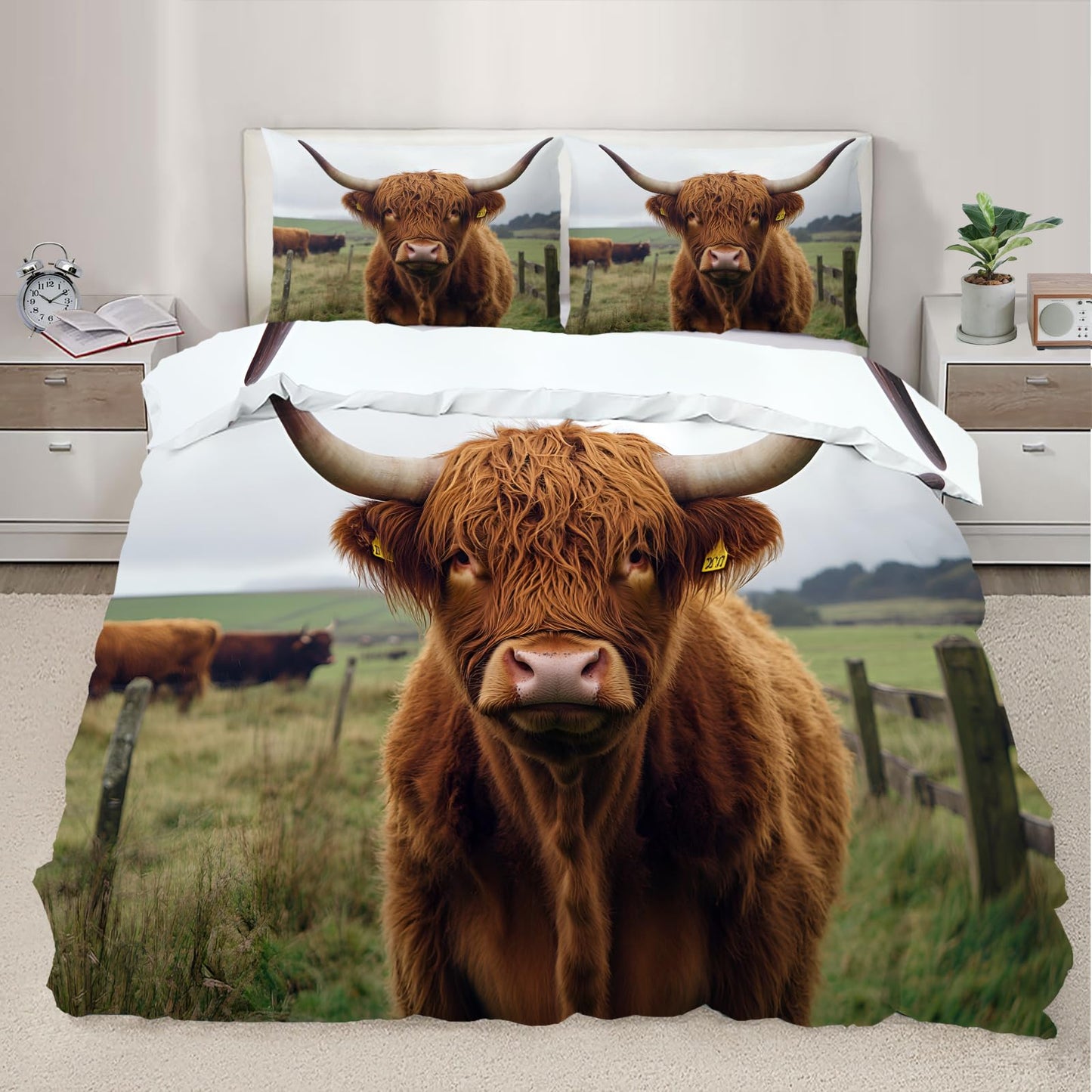 PAISUOQ Cow Print Duvet Cover King, Western Animals Comforter Cover with Zipper Ties, Highland Cattle Bedding Set, 3 Pieces with 2 Pillow Cases, Home Decor & Gifts