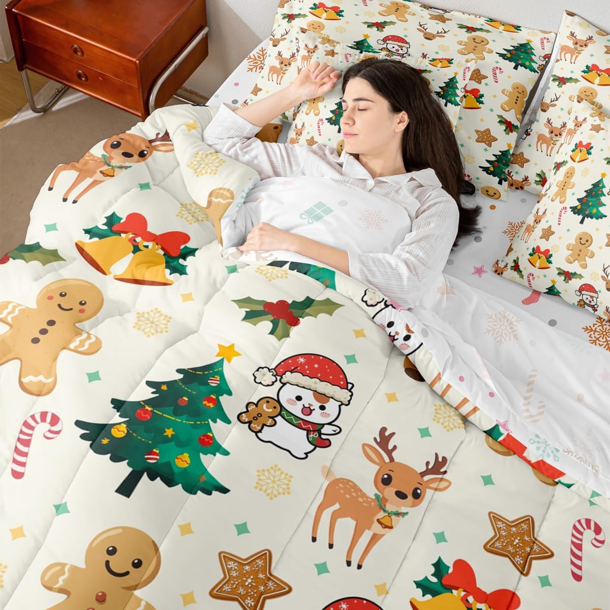 Feelyou Merry Christmas Comforter Set with Sheets 7 Piece Twin Size Gingerbread Man Bed in a Bag Kids Boys Girls Cute Deer Bedding Set Christmas Tree Soft