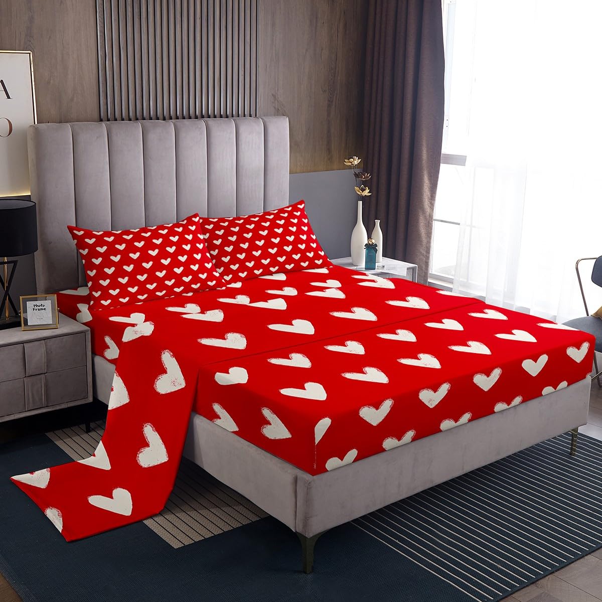 Red White Bed Sheets Full Size Cute Heart Pattern Bedding Set for Kids Boys Girls Valentine Day Gift Fitted Sheet Cartoon Love Geometric Flat Sheet Love Heart Soft Warm Sheet Sets Bedroom Decor 4Pcs