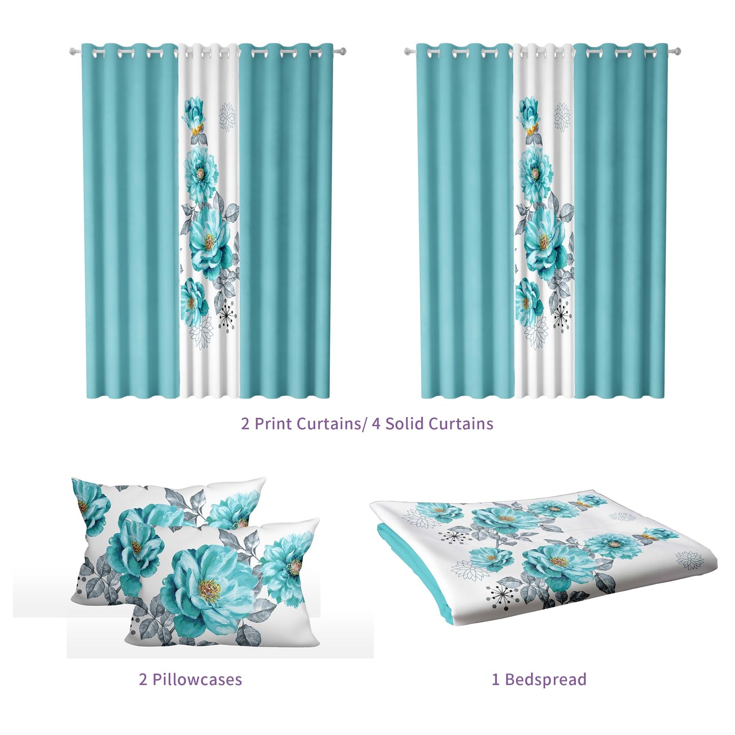 Deepsleep Queen Bedspread Set 9 Pieces, All Season Luxury Bed in a Bag for Bedroom, with 2 Pillowcases and 6 Curtains, Ultra-Soft Microfiber for Complete Bedroom Decor,Queen Size Sapphire Flower