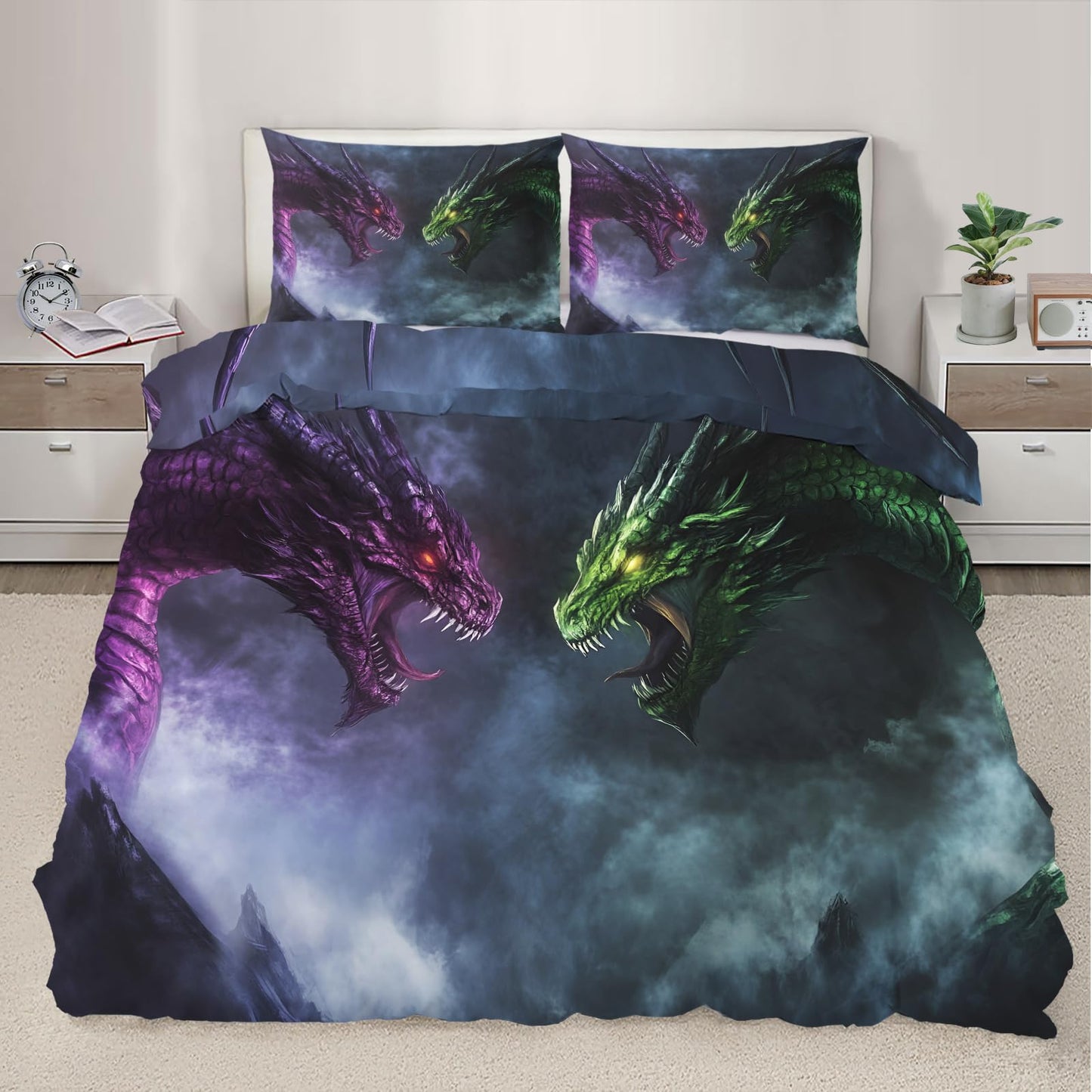 PAISUOQ Duvet Cover Queen Size - Fantasy Dragon Bedding & Home Decor, Mysterious Animals Comforter Cover with 2 Pillow Shams & Zipper, Microfiber & Easy Care, Purple Green Dragon Gifts