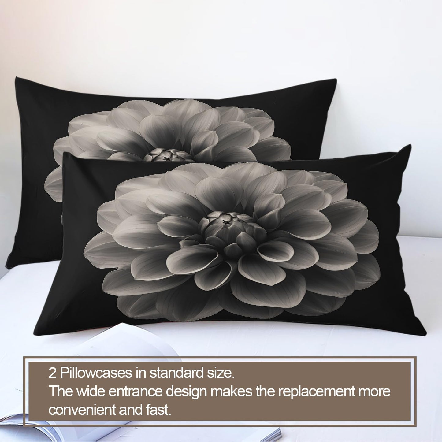 PAISUOQ Dahlia Duvet Cover Queen, Gray Floral Bedding Sets, Nordic Flowers Comforter Cover with 2 Pillowcases, 3 Pieces with Zipper & Ties, Dorm Decor & Gifts
