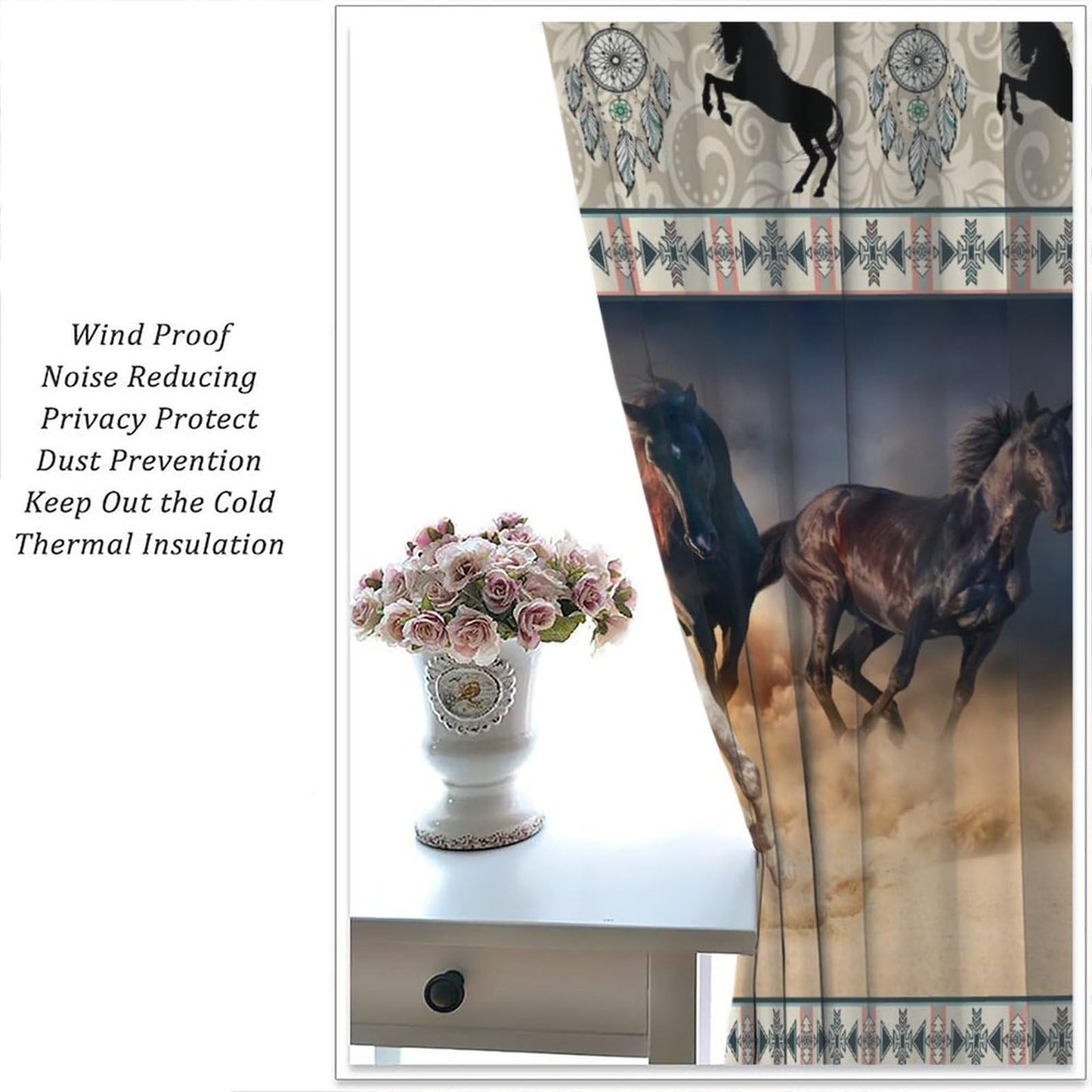 LOMADIA Horse Blackout Curtain, Western Rustic Farmhouse Aztec Style Drapes Farm Animals Run Horse Window 2 Panels Rod Pocket Curtain for Kitchen Living Room Bedroom Office Decor 42x45in