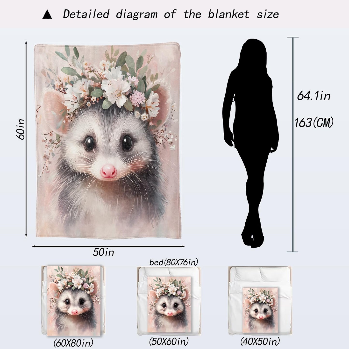ainori Cute Possum Blanket - Adorable Sweet Opossum Flower Crown Fleece Throw,Gifts for Kids Adult, Soft & Warm,Lightweight, for Modern Decor,Animal Lovers, and Room Home Accents 50x60in