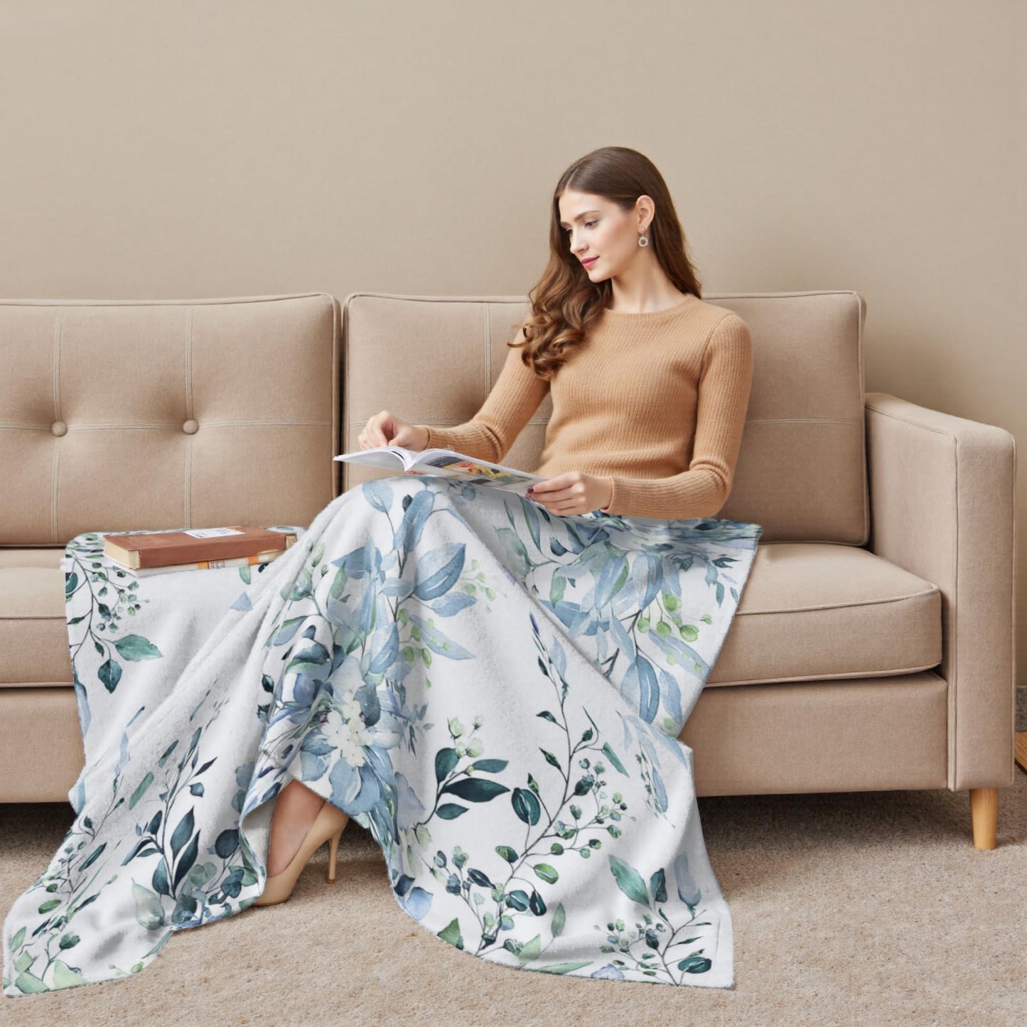 Arktrident Blue Eucalyptus Throw Blanket Sage Leaves Lightweight Bed Blanket Bedroom Decor Soft Fluffy Plush Fuzzy Cozy Couch Fleece Blankets 50"X60"