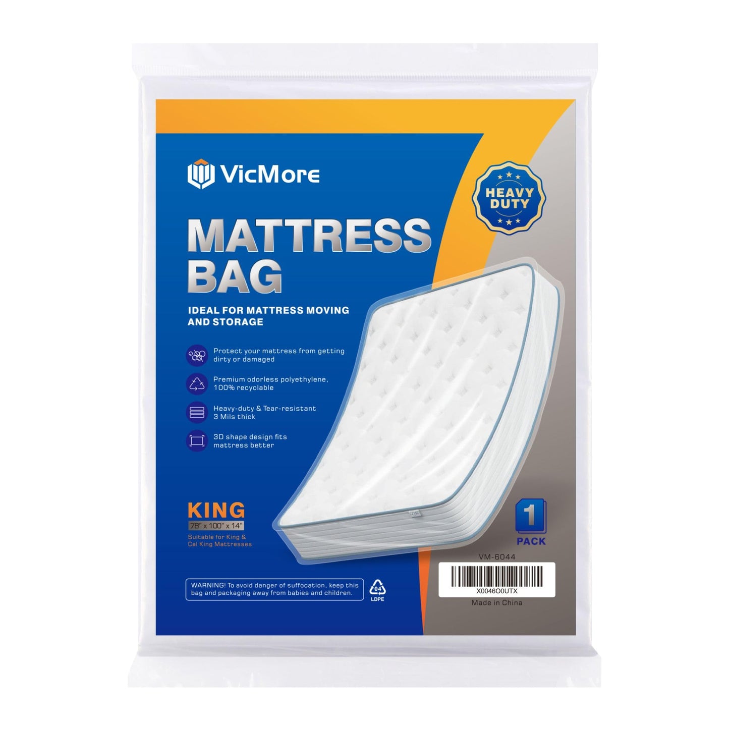 VICMORE 3mil Heavy-Duty Plastic Mattress Bag for King/Cal King Size – Tear-Resistant Mattress Protector Cover for Moving & Storage, Transparent & Easy Fit