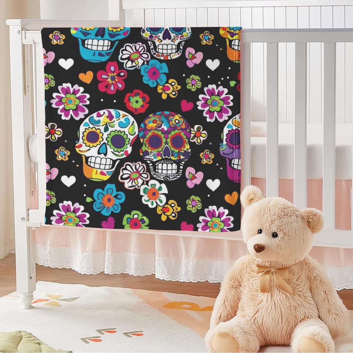 EENSYWEENSY Sugar Skull Throw Blanket, Mexico Colorful Flowers, Halloween Blankets Fuzzy Gifts for Sofa Couch Bedroom (40“ x 30”)