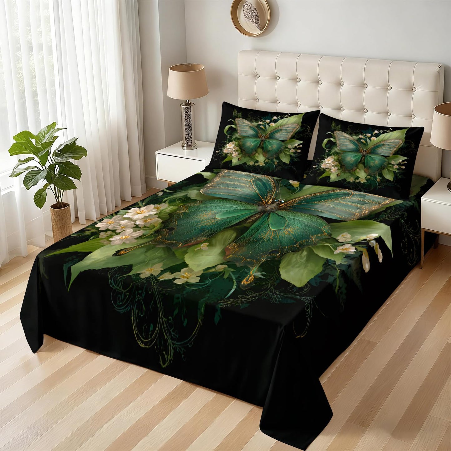 ZAOMIR Butterfly Floral Sheet Set King for Women, Botanical Flower Leaves Bed Sheets Set 4 Pieces Soft Microfiber Boho Black Green Bedding Sheets with Deep Pocket Fitted Sheet & 2 Pillowcases