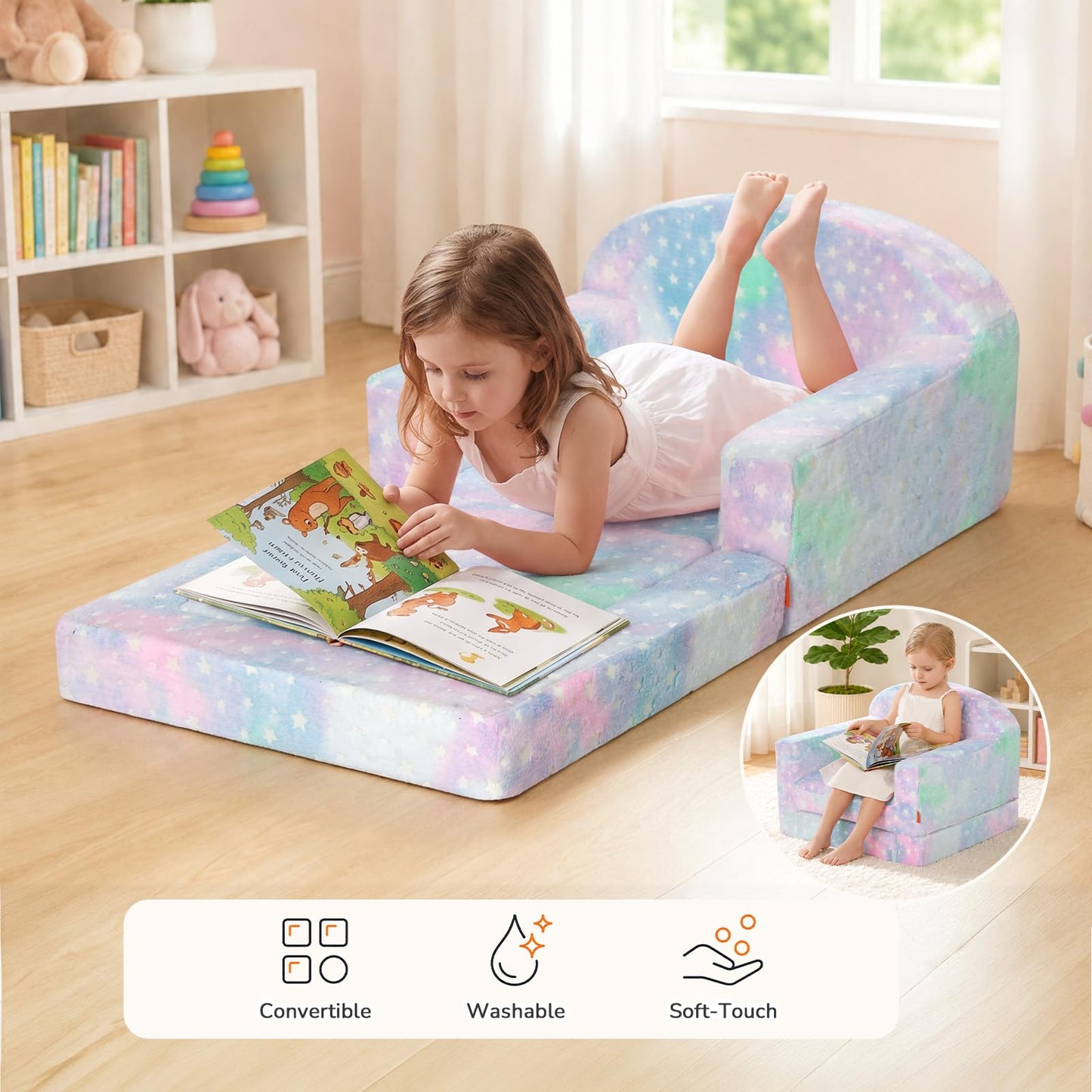 MeMoreCool Glowing Star Kids Chair, 2-in-1 Convertible Kids Couch Fold Out to Lounger, Glow-in-the-Dark Star Sofa for Boys Girls, Soft Foam Flip-Out Seat with Washable Cover