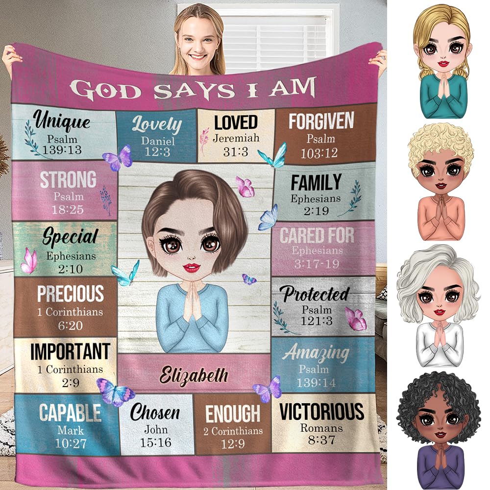 PREAUREUM God Says I Am Blanket, Personalized Christian Throw Blanket,Inspirational Jesus Throw Blankets,Confirmation Catholic Spiritual Blankets for Kids (Chibi God Says I Am - Wooden Board Style)