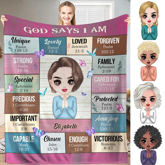 PREAUREUM God Says I Am Blanket, Personalized Christian Throw Blanket,Inspirational Jesus Throw Blankets,Confirmation Catholic Spiritual Blankets for Kids (Chibi God Says I Am - Wooden Board Style)