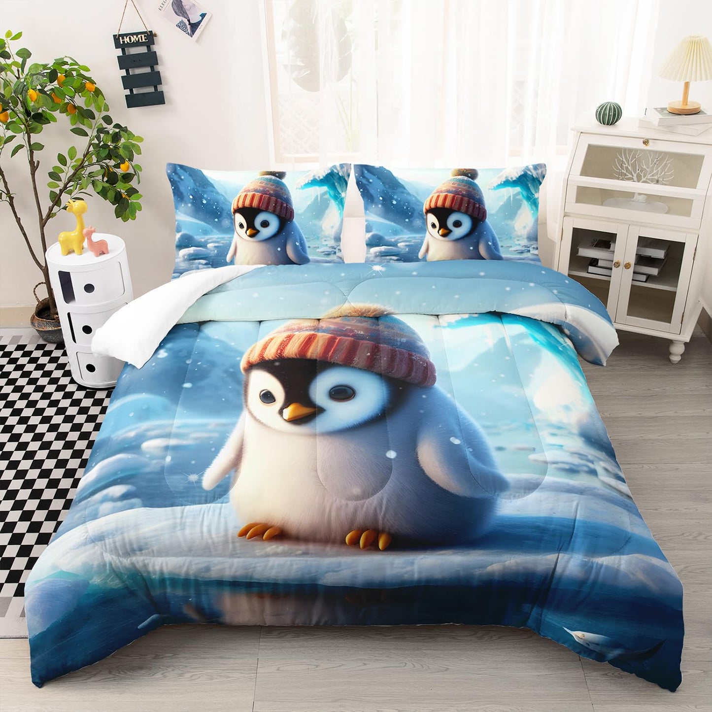Kawaii Blue Penguin Comforter Set for Boys Kids,3 Pieces Cartoon Ice Penguin Bedding Set Queen Size Cute Penguin Lightweight Down Alternative Comforter with 1 Comforter 2 Pillowcase All Seasons