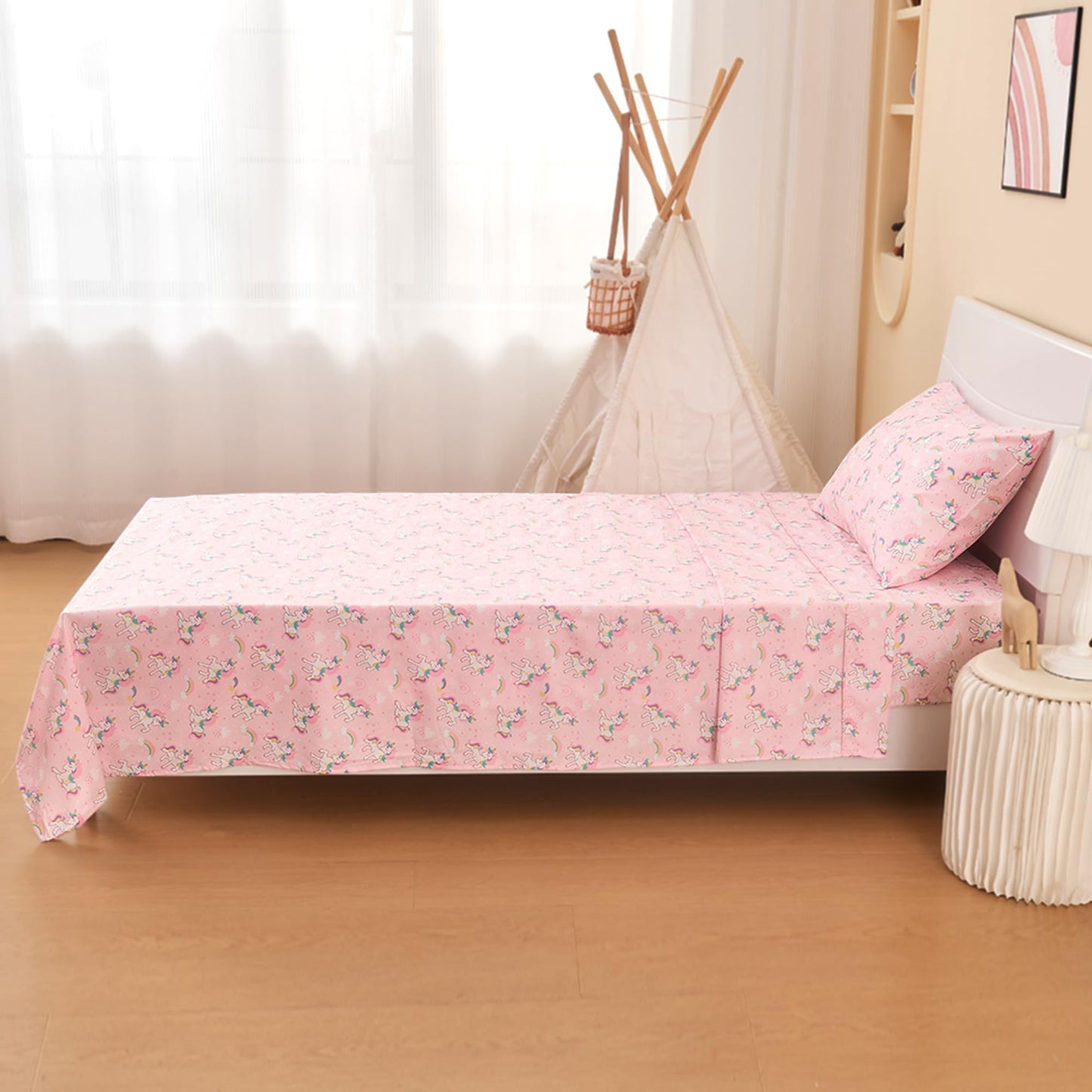 lasoftan Kids Sheet Set Twin Size 3 Pcs, Girls Sheet Set with Pink Unicorn Pattern，Kids Girls Twin Fitted Sheet，Breathable & Silky Soft Microfiber Fitted Sheet