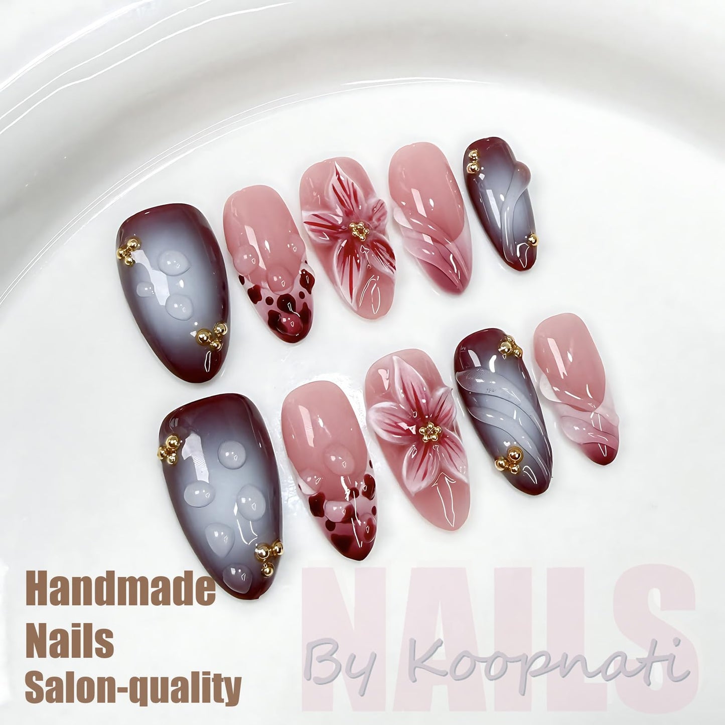 Handmade Press On Nails Almond Pink Homemade Press On Nails French Tip With 3D Design Fake Nail Art For Women M