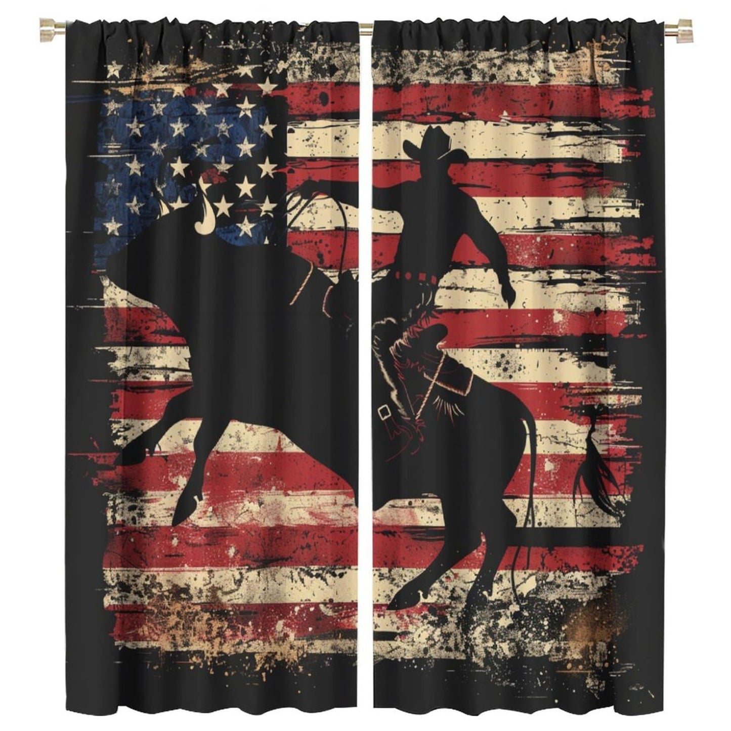 TOWINSFB Retro American Flag Blackout Curtains for Living Room Bedroom, Traditional USA Patriotic Western Cowboy Window Curtains Rod Pocket Thermal Insulated Window Drapes, 2 Panels, Each 21W x 45L