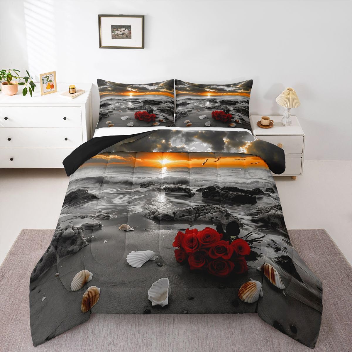 jejeloiu Black and White Gold Kids Comforter Set Toddler Size Rose Ocean Beach Zen Bedding Set Seascape Duvet Quilt for Kids Boys Girls Bedroom Decor Microfiber Ultra Soft Breathable