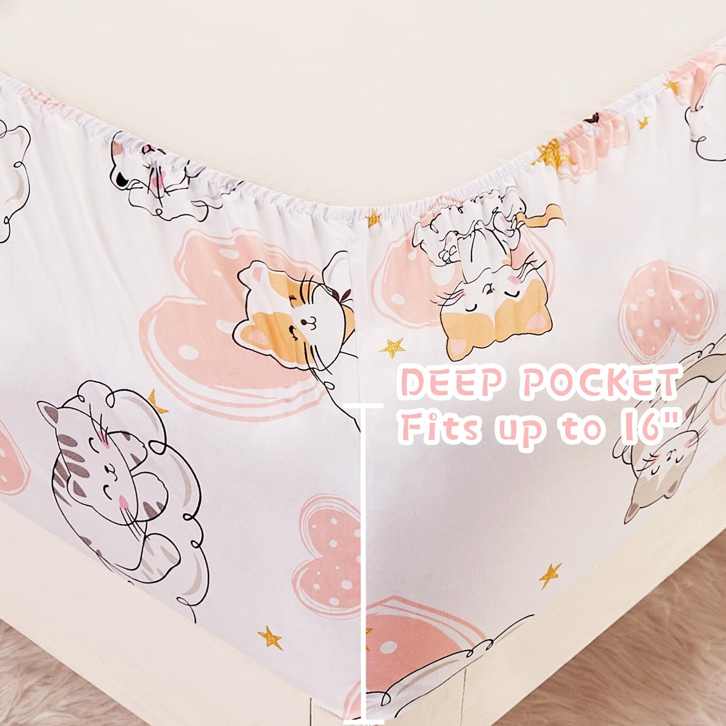 Yibeizi Cat Full Sheet Set for Girls, Kids Cute Pink Heart Bedsheet Microfiber Deep Pocket Bedding Sheets & Pillowcases 4 Pieces