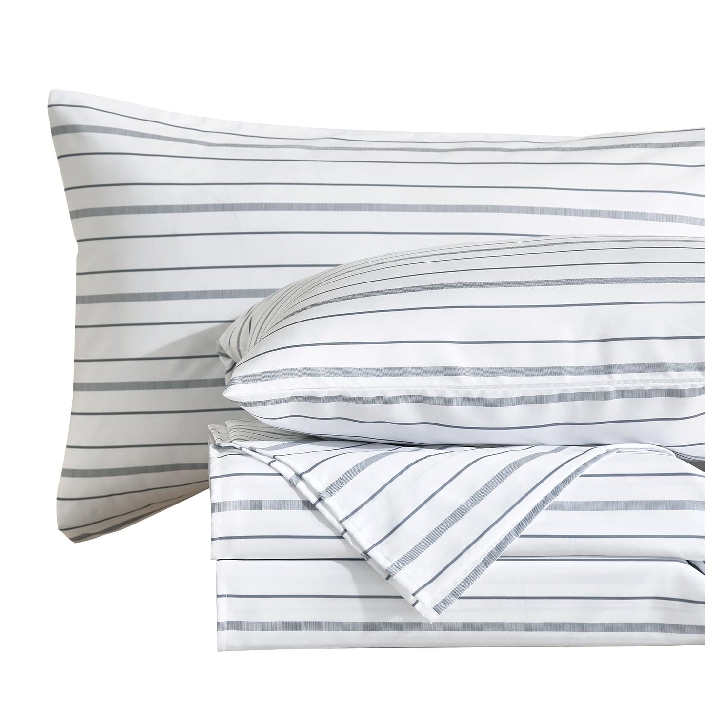 MCO 4Pieces Striped Sheets Set, Breathable King Sheet Set with 16" Deep Pocket,Modern & Luxury, Brushed Microfiber Bedding Set(King, White)