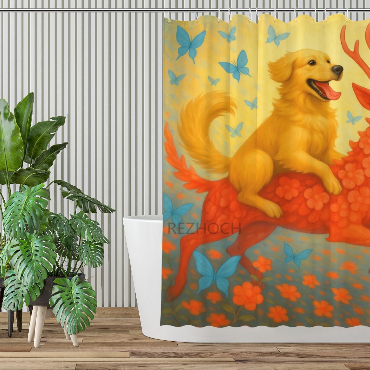 REZHOCH Cute Deer Shower Curtain Golden Retriever Fantasy Animal Butterfly Flower Durable Waterproof Fabric Bathtub Sets All Season Home Bathroom Decoration 72x72inch with 12 Hooks