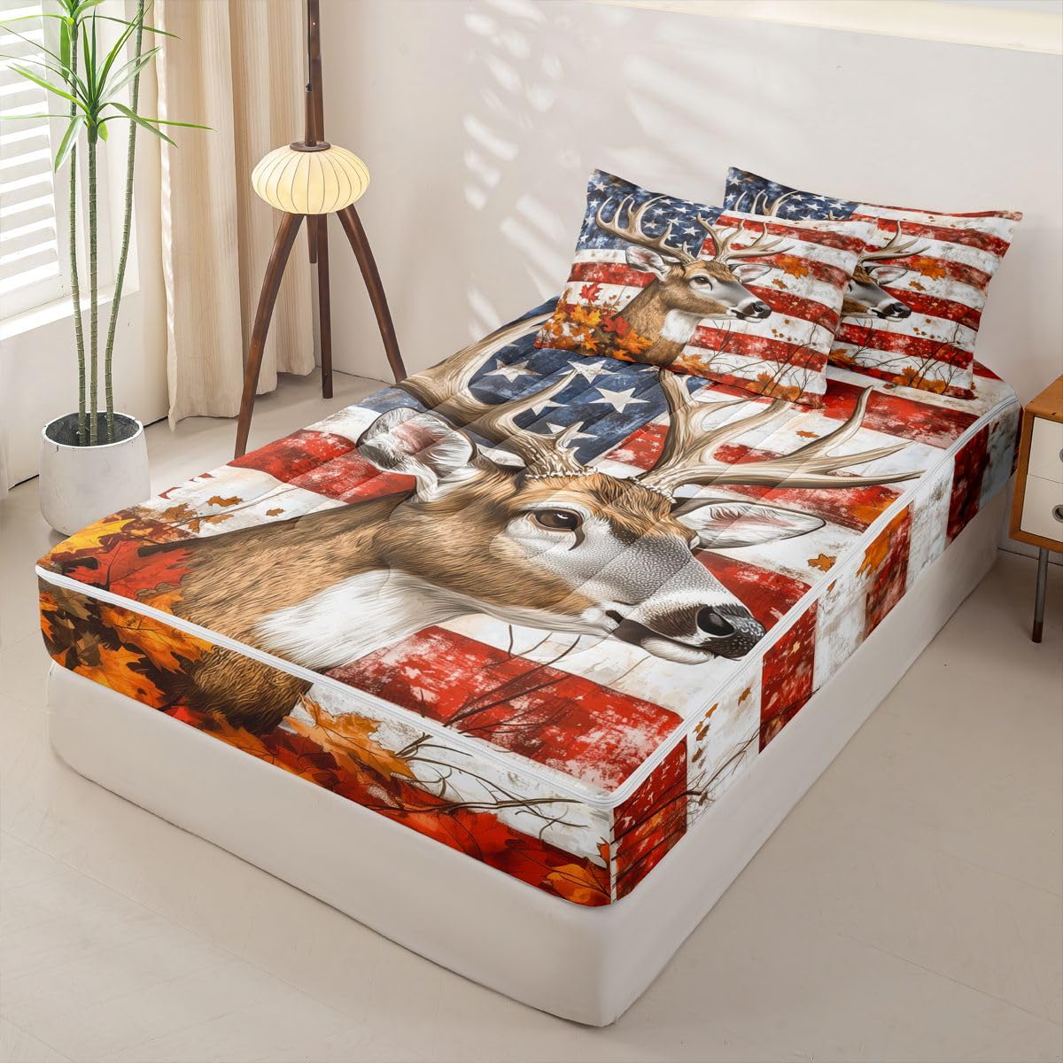 Feelyou Cute Deer Zipper Bedding Twin American Flag Zipper Bedding Sets for Kids Boys Girls Antlers Comforter Set with Fitted Sheet and 2 Pillowcases Bedroom Decor