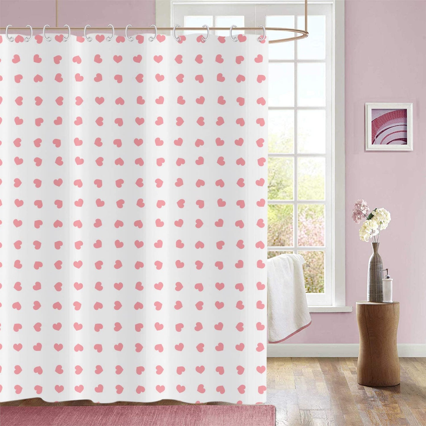 GCIREC Valentine's Day Shower Curtain, Weighted Bottom Romantic Love Theme Pink Little Heart Farmhouse Girly Fabric Bathroom Curtain Home Decor Waterproof Washable with 12 Hooks,72"x72"