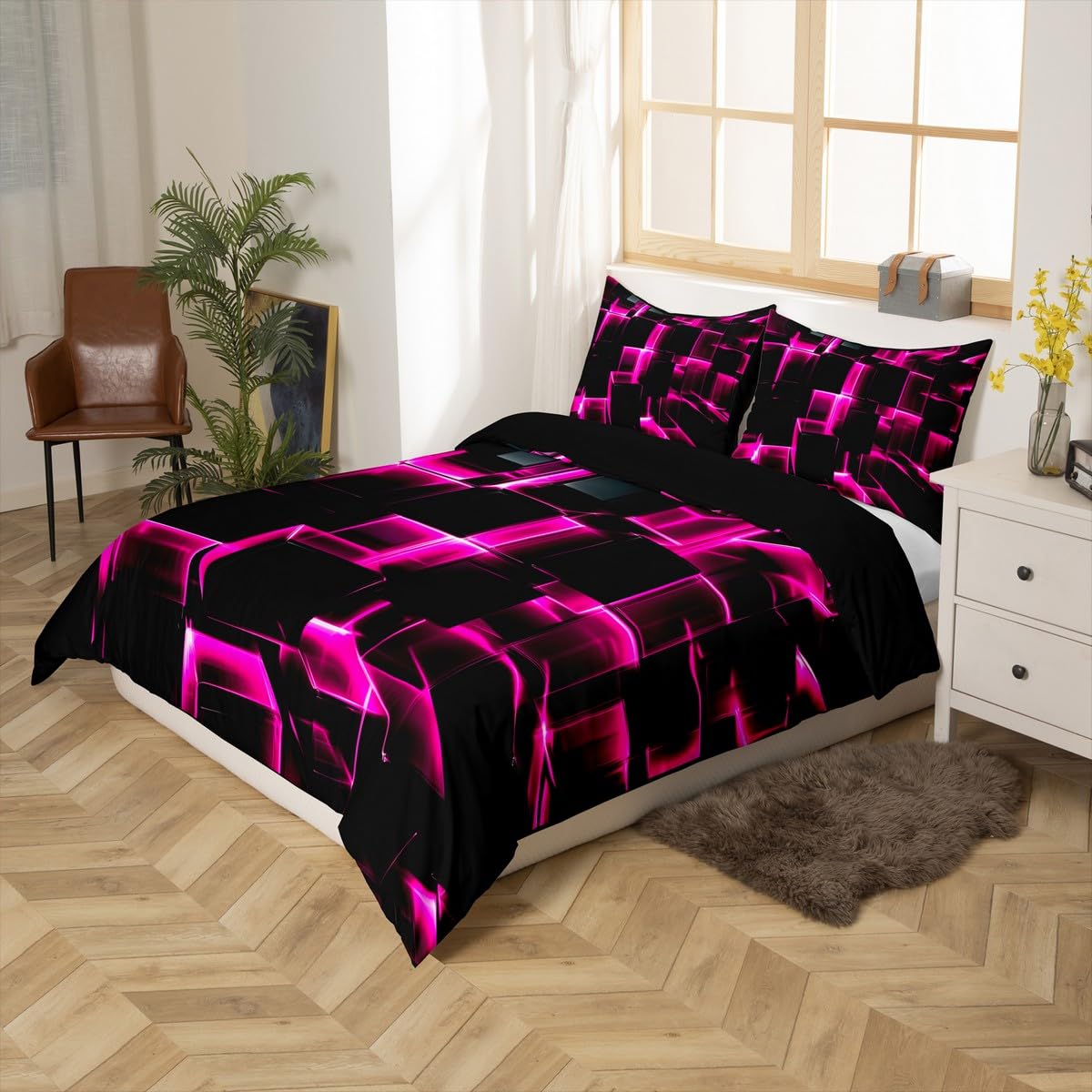 Erosebridal Honeycomb Square Duvet Cover for Kids Girls 3D Geometric Square Bedding Queen, Pink Black Neon Lights Bedding Sets, Gradient Print Bed Cover with 2 Pillow Cases