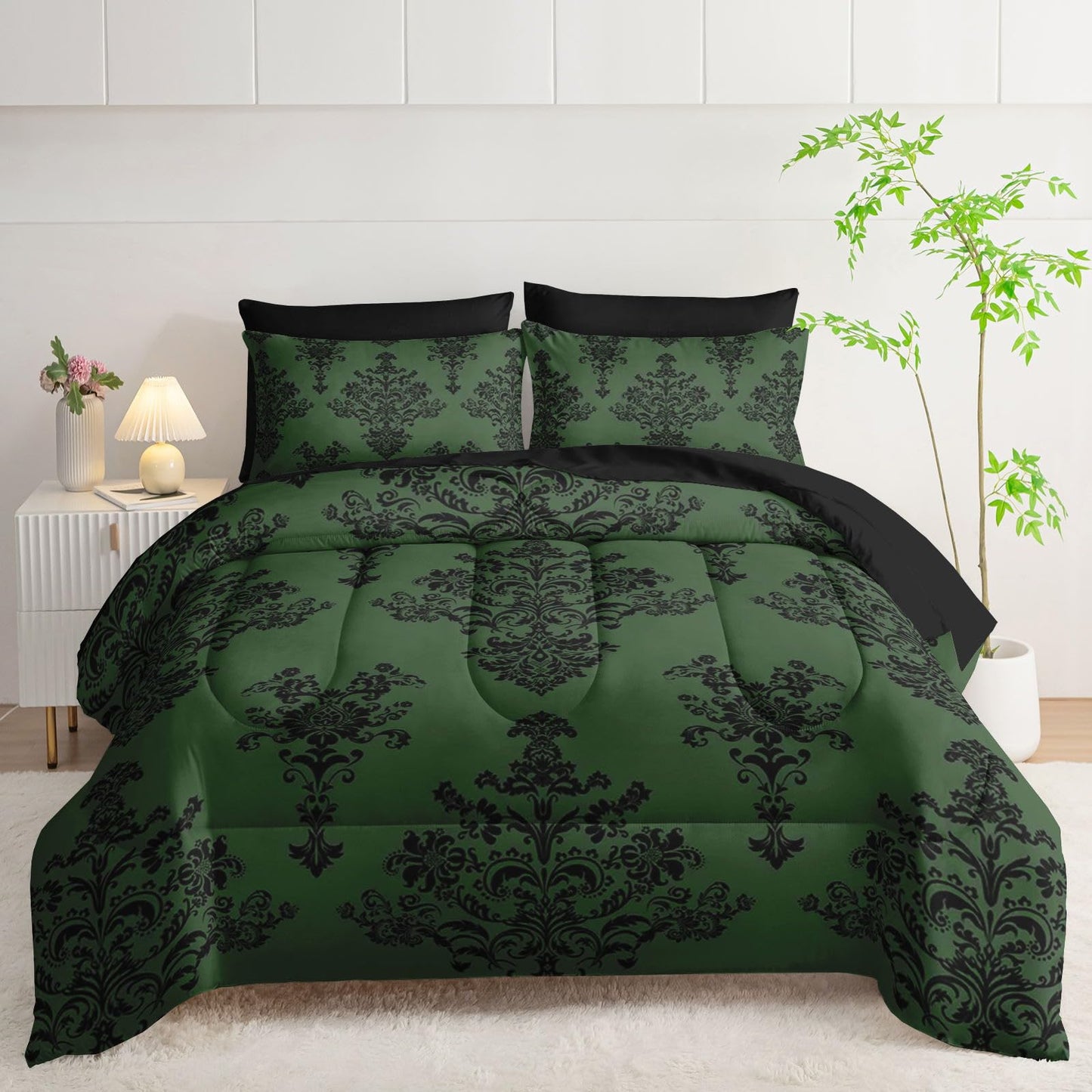 Smell Sunshine 7Pcs Comforter Set Black Retro Pattern Printed Bedding Set with 1 Comforter,1 Flat Sheet,1 Fitted Sheet and 4 Pillowcases for Men and Women Bedroom All Season(Twin)