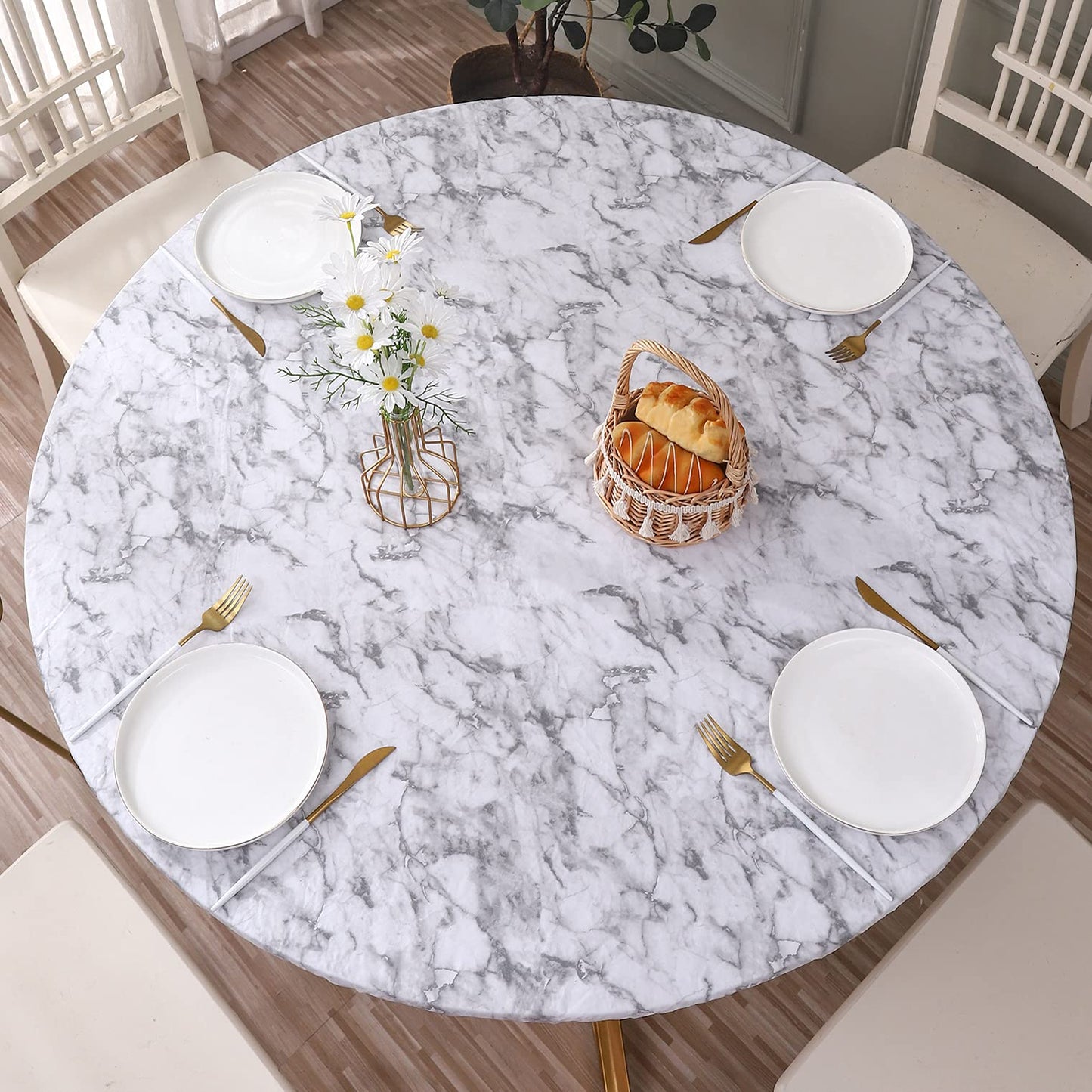 Walrus Round Vinyl Fitted Tablecloth with Flannel Backing Elastic Edge Design Table Cover Waterproof Oil-Proof PVC Table Cloth Stain-Resistant Best for 37"-44" Round