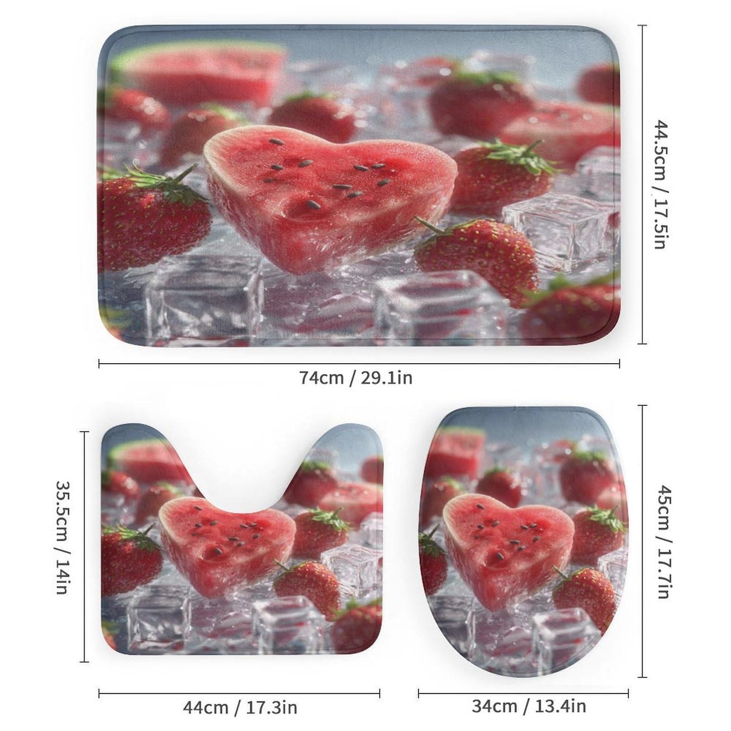 INSFBRB Realistic Rustic Watermelon Shower Curtain Sets with Rug,Toilet Lid Cover and Bath Mat,Colorful Modern Summer Ice Cubes Fruit Watermelon Strawberries 4 Piece Bathroom Set