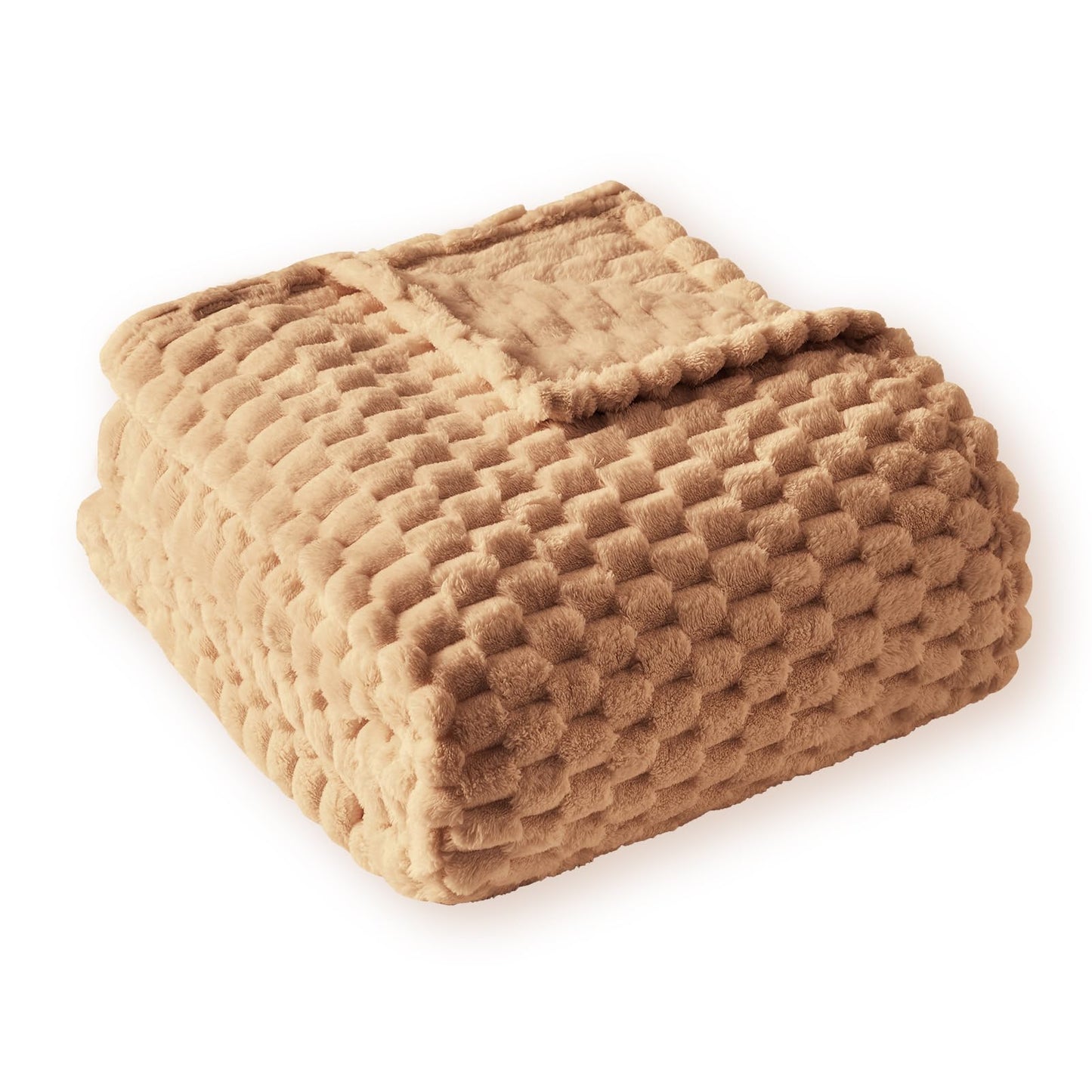 PLEASANT BOULEVARD Fleece Throw Blanket for Couch with 3D Turtle Shell Jacquard Soft Blanket, Fuzzy Blanket for All Seasons 90x90 Inches, Camel