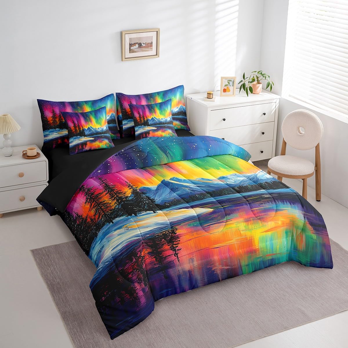 jejeloiu Mountain Lake Comforter Set with Sheets Twin Size Kids Aurora 7 Pieces Bedding Set for Boys Girls Teens Nature Landscape Bed in a Bag Breathable Galaxy Starry Night Sky Bed Set Room Decor