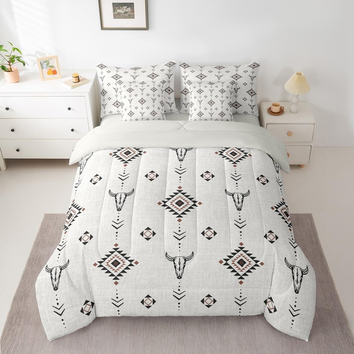Erosebridal Western Aztec Comforter Set Queen Size, Boho Farmhouse Bedding Set 7 Piece for Kids Boys Teens Bedroom Ethnic Southwest Bull Skull Cow Bed in A Bag American Native Southwestern Sheet Sets