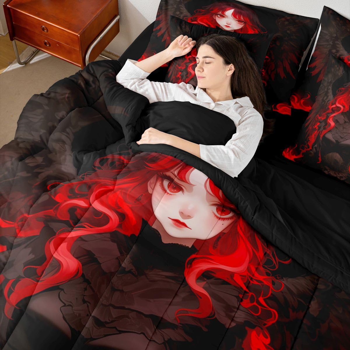 Erosebridal Japanese Anime Comforter Set Japan Ukiyoe Girl Bedding Set 7 Pieces Black and Red Anime Bed in A Bag Twin,Japanese Style Sheet Set with Comforter for Room Decor