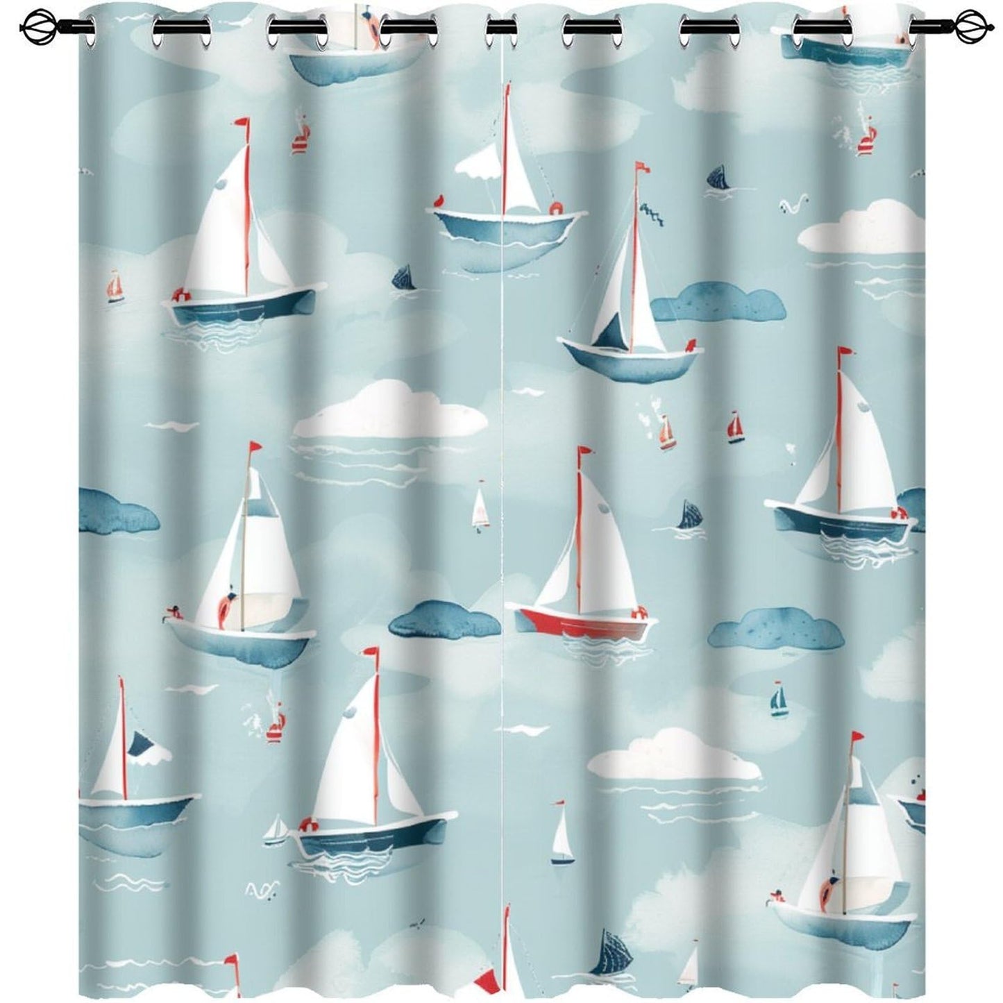TOWINSFB Cute Cartoon Sailboat Blackout Curtains for Bedroom/Living Room, Funny Ocean Nautical Ship Grommet Curtains Thermal Insulated Window Drapes, 2 Panels, Each 21W x 45L