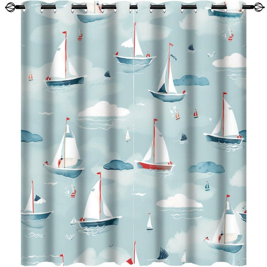 TOWINSFB Cute Cartoon Sailboat Blackout Curtains for Bedroom/Living Room, Funny Ocean Nautical Ship Grommet Curtains Thermal Insulated Window Drapes, 2 Panels, Each 21W x 45L