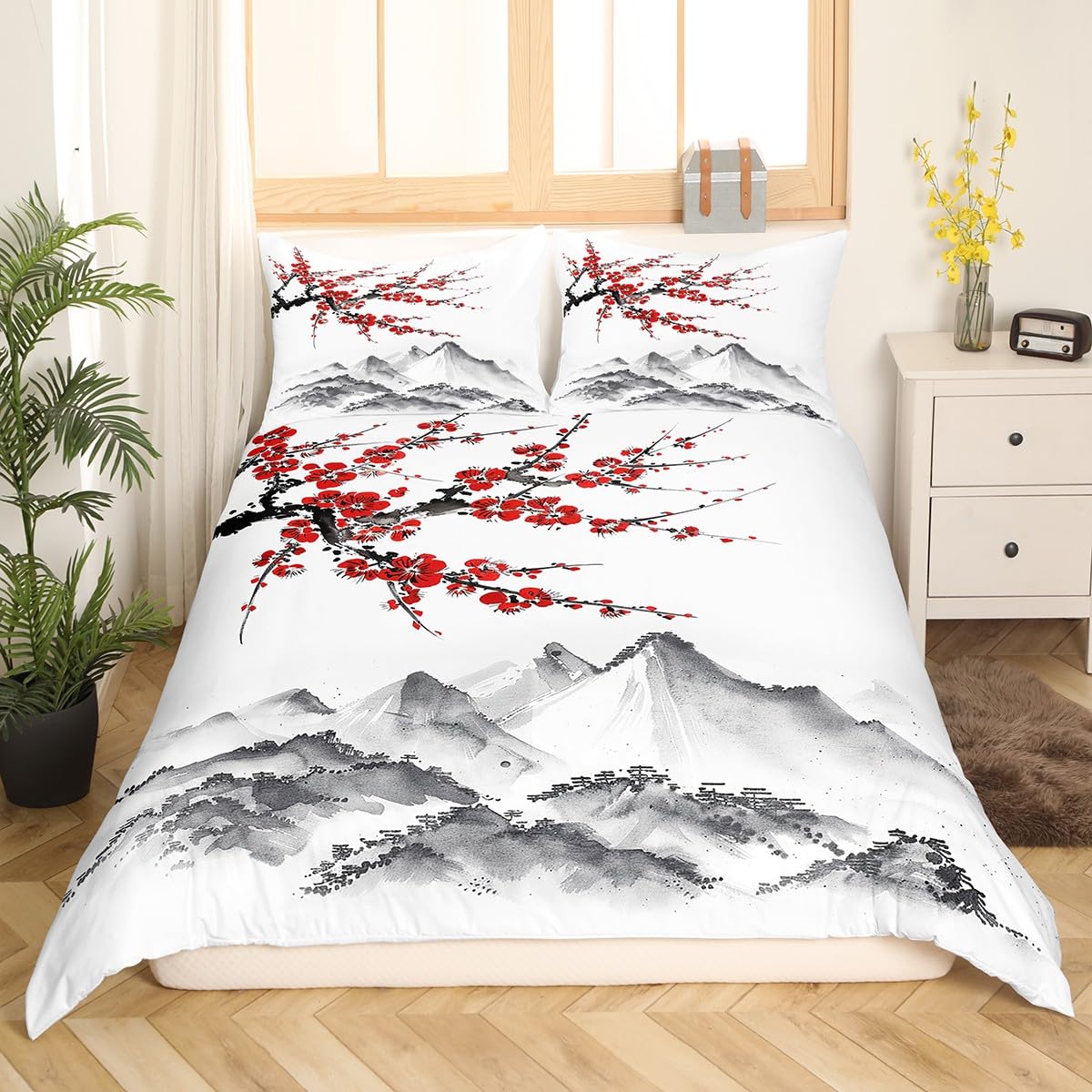 Japanese-Style Comforter Cover Red Cherry Blossoms Printed Bedding Set Mount Fuji Duvet Cover Ink Painting Black White Pattern Bedspread for Adult Women Teen Girls Soft Microfiber Quilt Set, Full