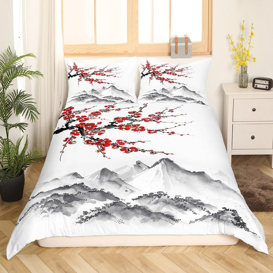 Japanese-Style Comforter Cover Red Cherry Blossoms Printed Bedding Set Mount Fuji Duvet Cover Ink Painting Black White Pattern Bedspread for Adult Women Teen Girls Soft Microfiber Quilt Set, King