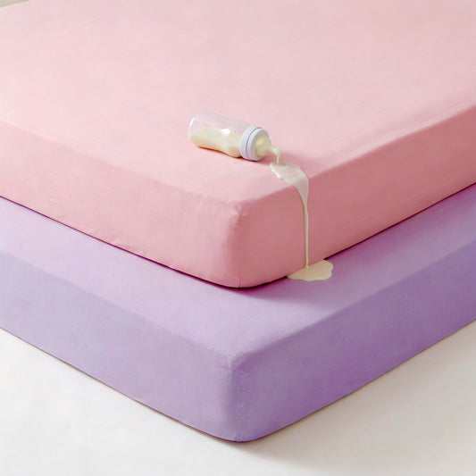 ABBYBABIES Bamboo Crib Sheets 2 Pack Waterproof Mattress Protector Set for Baby Crib, Soft Fitted Mattress Topper Alternative for Standard Crib and Toddler Bed 52x28x9in (Girl: Pink, Purple)