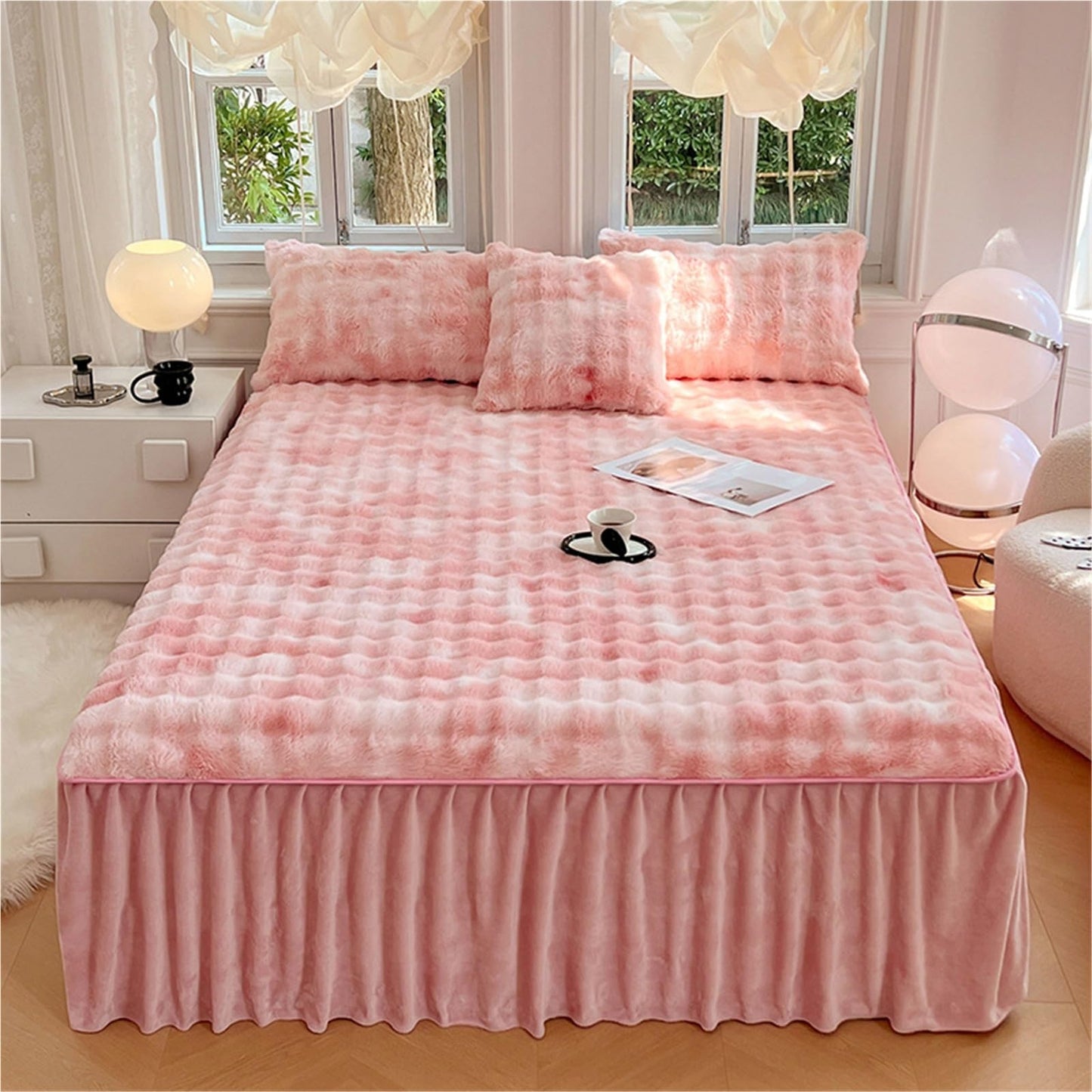 Elastic Bed Sheets, Plush Velvet Fitted Sheet, Winter Warm Thickened Fitted Sheet Bedspread, Soft Bedcover Mattress Cover with Elastic, Various Sizes(A,2*Pillow Cover)
