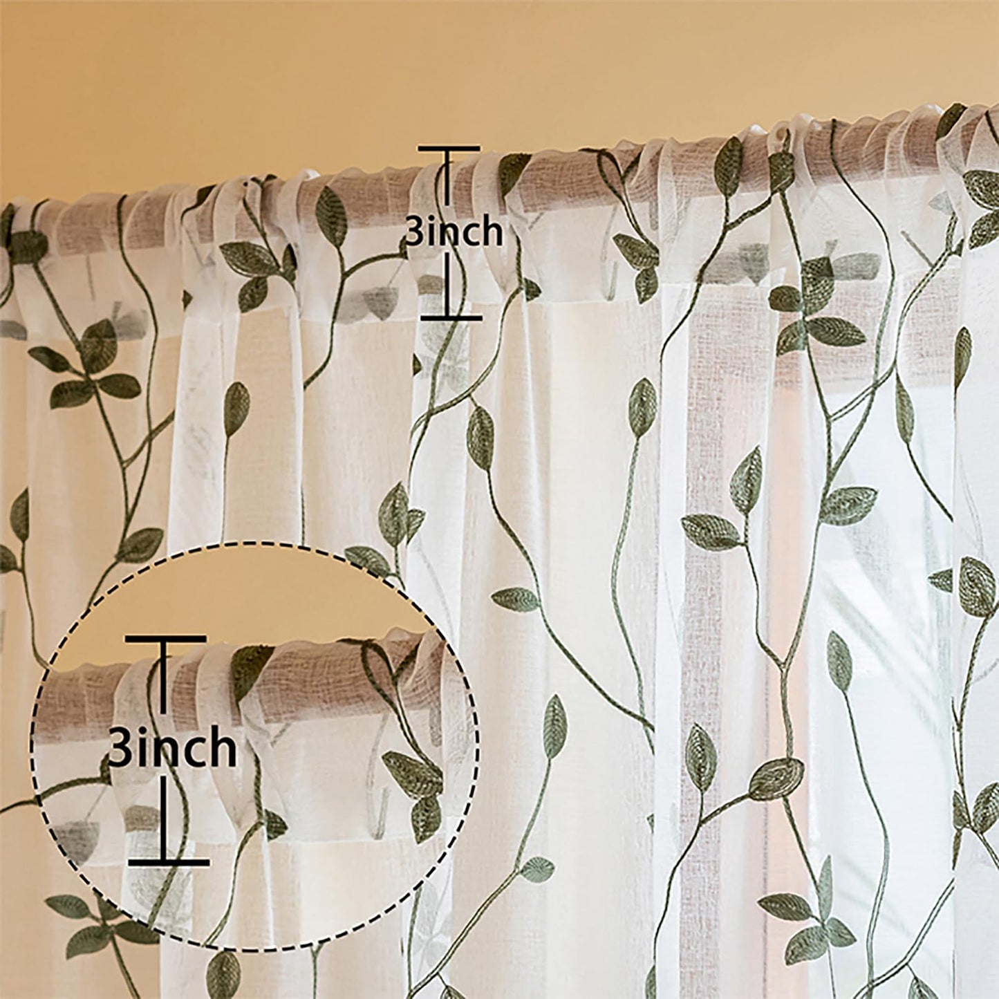 AmHoo 2 Panels Embroidered Leaf Pattern Semi Sheer Curtains Foliage Floral Voile Window Draperies Treatment for Bedroom Living Room Rod Pocket White Sage Green 53 x 95 Inch