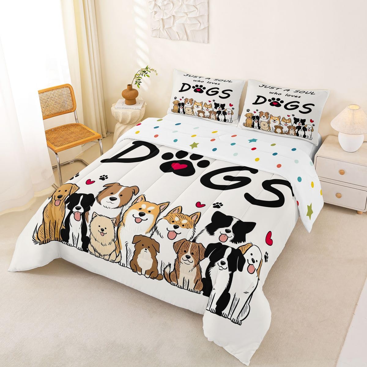jejeloiu Cute Dog Comforter Set All Season Puppy Dog Bedding Set with 2 Pillow Cases Kawaii Animals Decor Microfiber Kids Queen Bedclothes Bedroom Decor Duvet Quilt Breathable Soft Lightweight